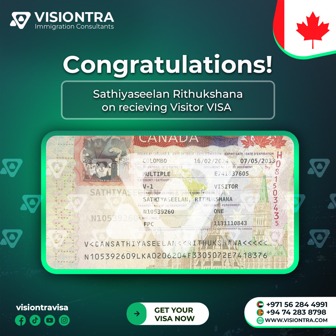 We would like to Congratulate Mrs. Rithukshana on getting Visitor Visa from Canada 🇨🇦 Book a free consultation with Visiontra Immigration Consultants to work and live in your dream country. 👇 ☎️ +94 74 283 8798 📧 contact@visiontra.com 🌐 www.visiontra.com #Visiontraimmigration #Visiontra #Bestvisaagencysrilanka #canada #canadaworkpermit #canadavisa #canadavisaagencysrilanka